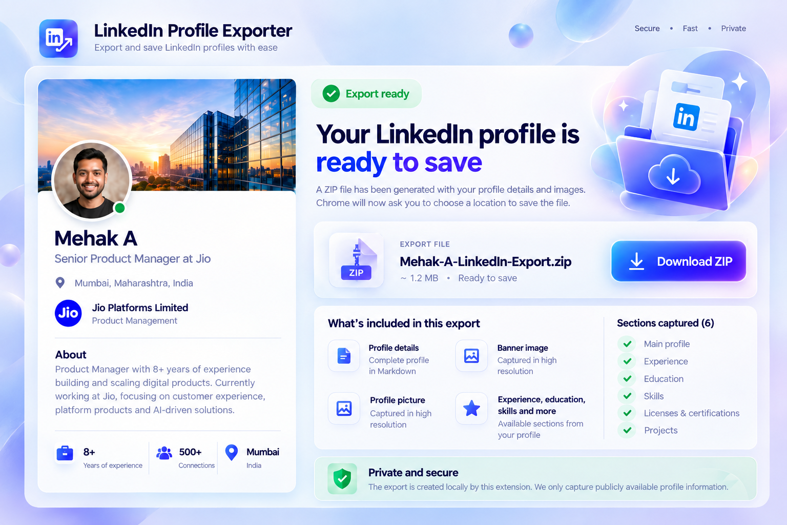 LinkedIn Profile Exporter showing a captured profile summary, section counts and Download ZIP action